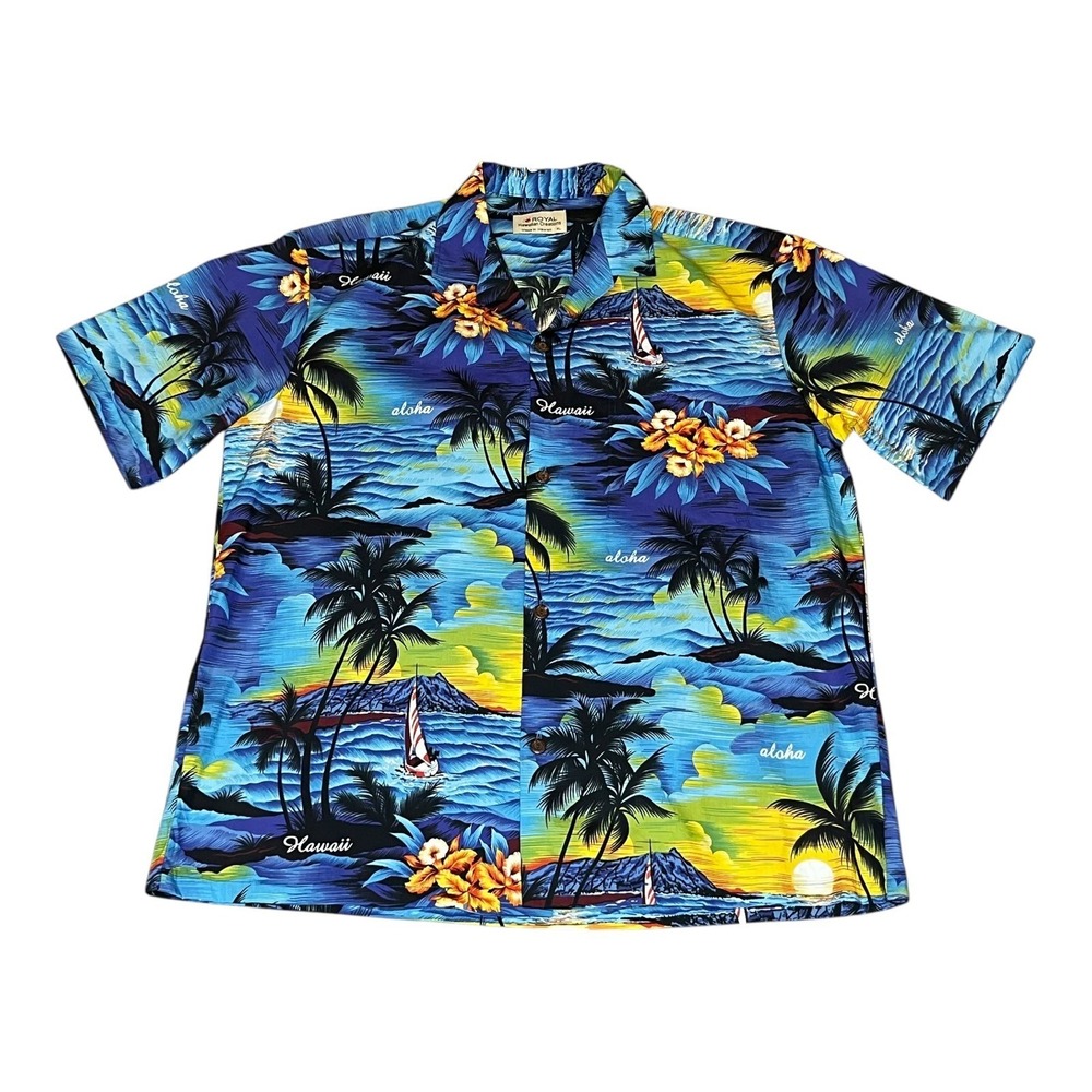 Royal Hawaiian Creations Mens XL Aloha Shirt Blue Scenic Diamond‎ Head Cotton